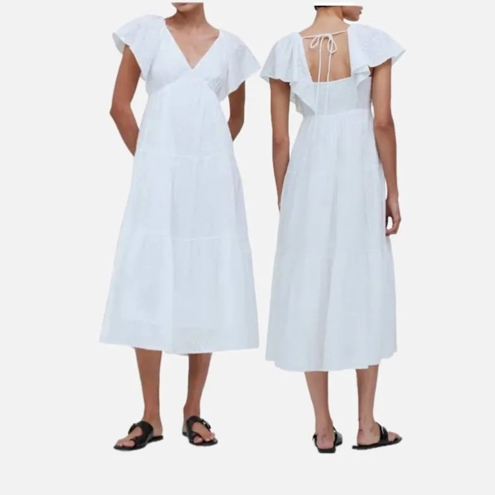 Madewell White V-Neck Flutter Sleeve Tiered Midi Dress